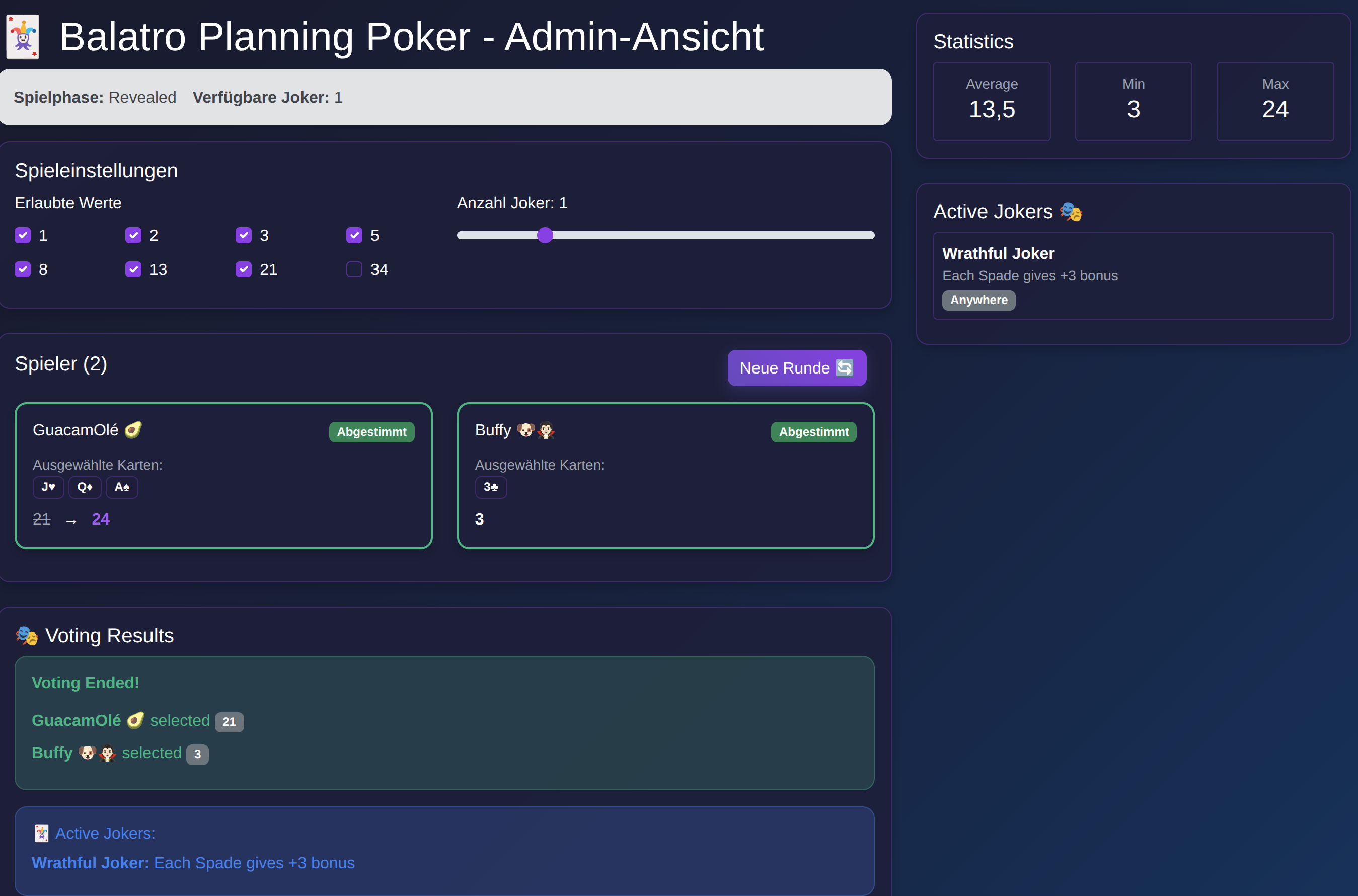 Admin View: The selected cards of each player and the jokers are displayed